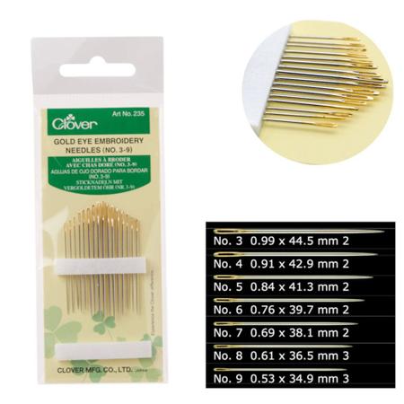 Clover No. 3-9 Gold Eye Embroidery Needles - Pack of 16