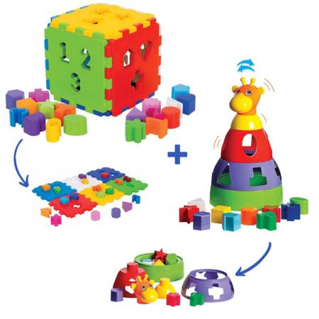 Imagem de Kit De Brinquedo Infantil Interativo Didatico Educativo Para Bebe Cubo + Girafa Menino Menina 1 ano