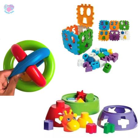 Imagem de Kit de brinquedos educativos girafa + bola chocalho + cubo didatico