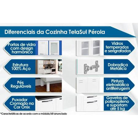 Imagem de Kit de Cozinha Compacta Pérola c/ 6 Portas (3 c/ vidro) e 2 Gavetas Branco - Telasul