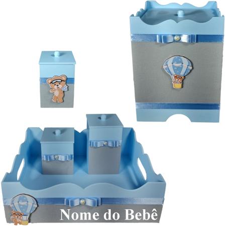 Imagem de Kit de Higiene de bebê madeira Mdf menino 7 pçs - URSINHO BALAO AZULE CINZA