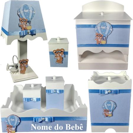 Imagem de Kit de Higiene de bebê Mdf quarto menino 7 pçs - URSINHO BALÃO AZUL BB