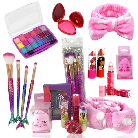 Imagem de Kit de Maquiagem Infantil Completo Pincel Sereia Batom Sombras Rosinha Brilho Labial Menina Princesa