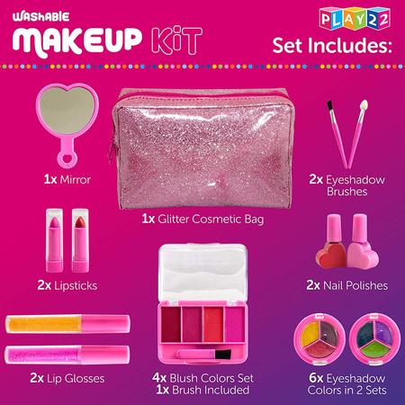 Imagem de Kit de maquiagem infantil para menina - 13 peças lavável conjunto de maquiagem infantil - Meu primeiro kit de maquiagem princesa inclui blush, brilho labial, sombras, batons, pincéis, saco de cosméticos espelho melhor presente para meninas original