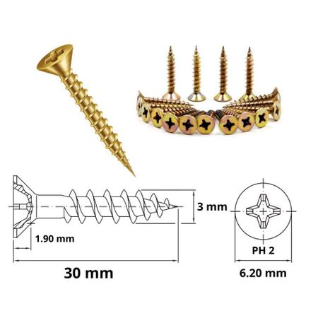 Imagem de Kit de Parafuso ChipBoard Cabeça Chata Phillips 3,0x30mm C/ Bucha de Fixação sem Anel 5mm