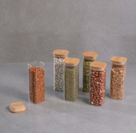 Imagem de Kit de Pote Hermético de Vidro Quadrado com Tampa de Bambu 6 Peças - Oikos