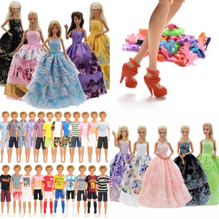 Kit Conjuntos De Roupas Boneca Barbie e Ken Sapatos Vestidos
