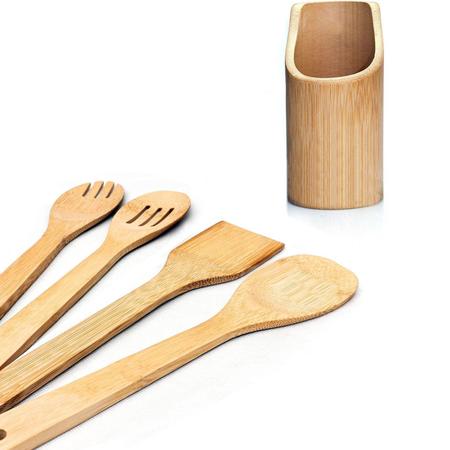 Imagem de Kit De Utensílios 5 Peças Em Bambu Com Suporte - Mimo Style