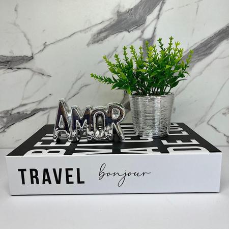 Imagem de Kit decoração livro Travel + vaso cerâmico + palavra amor