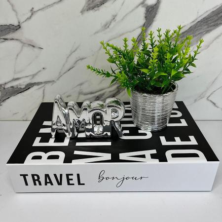 Imagem de Kit decoração livro Travel + vaso cerâmico + palavra amor