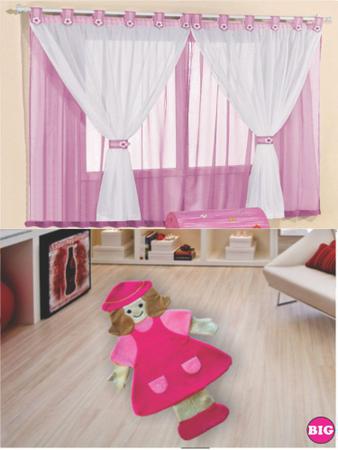 Imagem de Kit decoração p/ Quarto de Menina = Cortina Malha Juvenil + Tapete Pelucia Big Camponesa - Rosa