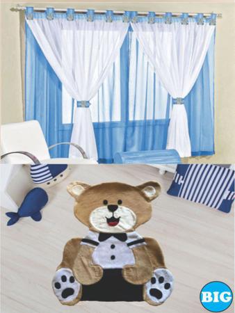 Imagem de Kit decoração p/ Quarto de Menino = Cortina Malha Juvenil + Tapete Pelucia Big Urso Gravata - Azul