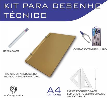 Imagem de Kit Desenho Técnico Prancheta Engenharia Arquitetura Edificações a4 NATURAL Par Esquadro 26 cm Compasso Cis 303 Regua 30