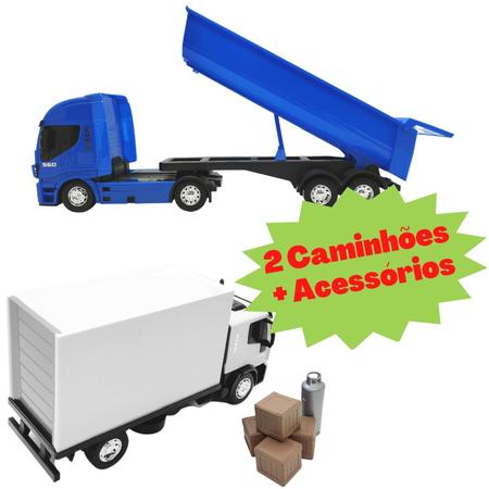 Kit Dois Caminhoes de Brinquedo - 1 Caminhão Baú Com Acessórios +