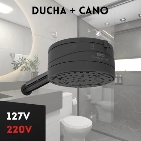 Imagem de Kit Ducha Chuveiro Eletrico Enerbanho 4T + Cano Braço 30cm ou 40cm Preto Para Chuveiro Econômico Combo Pack Barato Para o seu banheiro