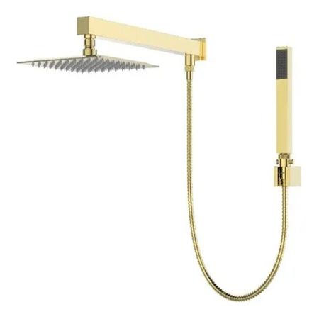 Imagem de Kit Ducha Chuveiro Slim Prizi Quadrado 20x20cm Inox 304 Dourada com Braço e Desviador + Acabamento de Registro para Chuveiro Dourado  Prizi