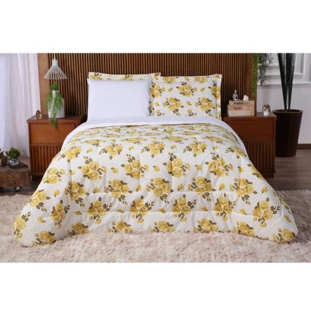 Imagem de Kit Edredom 6 Peças Jardins Queen Micropercal com Jogo de Cama Branco Casa Dona