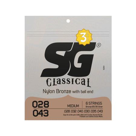 Imagem de Kit Encordoamento para Violão SG 028 Nylon Bronze 65/35 com Bolinha Triple Pack 5280TP