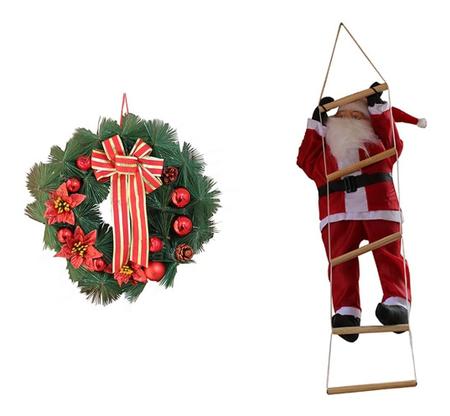 Imagem de Kit Enfeite De Porta Decoração Natal Guirlanda 40cm E Papai Noel Subindo As Escadas