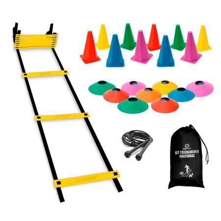 Imagem de Kit Escada Treino Futebol Agilidade Fucional 10 Chapeu Chines + 10 Cone Liso + 1 Escada + 1 Corda + 1 Mochila Treino Em Casa Corrida Habilidade