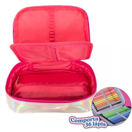 Kit Mochila Roda + Lancheira + Estojo Box Luluca Holográfica Teen Clio