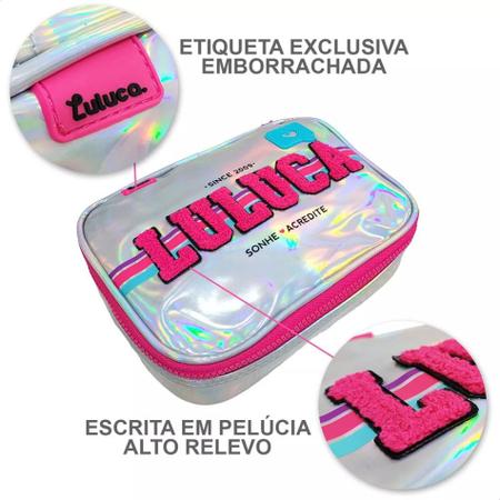 Kit Mochila Roda + Lancheira + Estojo Box Luluca Holográfica Teen Clio