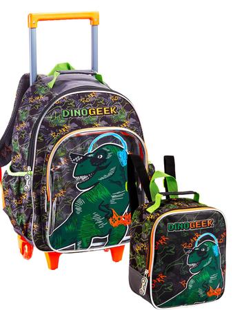 Imagem de Kit Escolar Dinossauro Mochila Rodas Costas + Lancheira