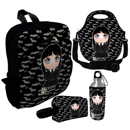 Kit Escolar Infantil Mochila de Costas + Lancheira Térmica + Necessaire Plus + Squeeze de Alumínio ISOPRENE Menina Addams Imagem de Kit Escolar Infantil Mochila de Costas + Lancheira Térmica + Necessaire Plus + Squeeze de Alumínio ISOPRENE Menina Addams