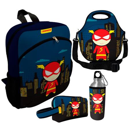 Kit Escolar Infantil Mochila de Costas + Lancheira Térmica + Necessaire Plus + Squeeze de Alumínio ISOPRENE Super Velocista Imagem de Kit Escolar Infantil Mochila de Costas + Lancheira Térmica + Necessaire Plus + Squeeze de Alumínio ISOPRENE Super Velocista