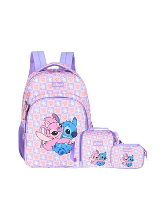 Imagem de Kit Escolar Lilo Stitch Mochila Costas Lancheir Estojo Azul