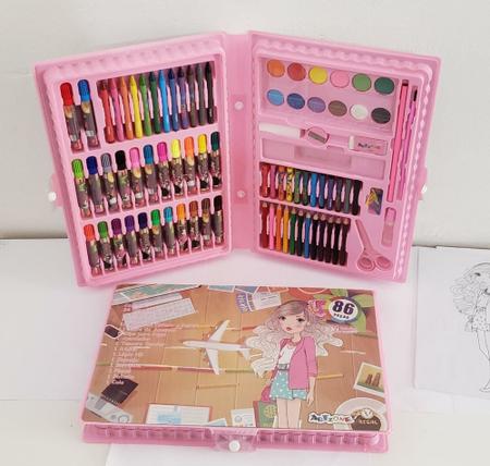 Imagem de Kit Escolar Maleta De Pintura Com 86 Peças Rosa Com Aquarela Giz de Cera Hidrocor Desenho de Colorir