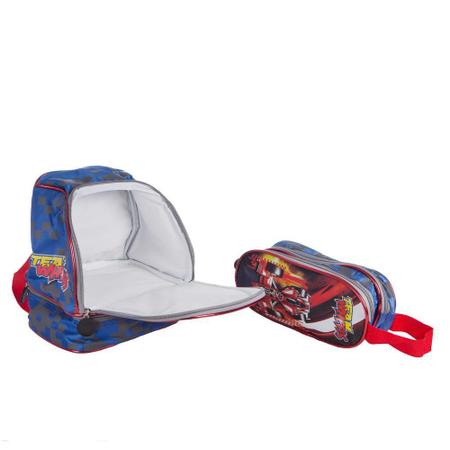 Imagem de Kit Escolar Mochila Infantil com Rodinhas + Lancheira + Estojo Carro Swiss Move Team Wheels 3D Azul