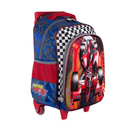 Imagem de Kit Escolar Mochila Infantil com Rodinhas + Lancheira + Estojo Carro Swiss Move Team Wheels 3D Azul