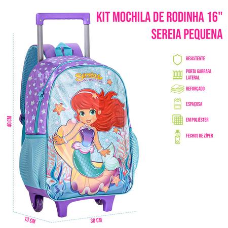 Imagem de Kit Escolar Mochila Rodinhas Lancheira Térmica Estojo Sereia