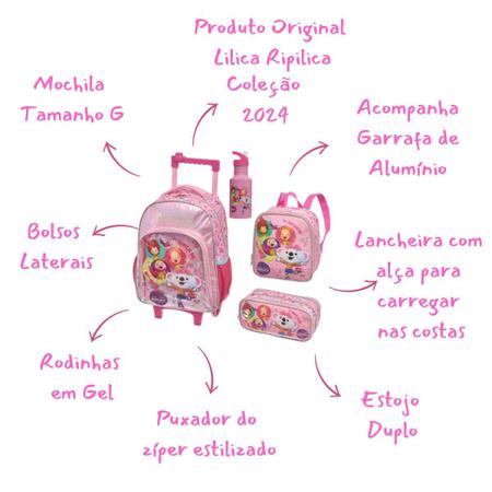 Imagem de Kit Escolar Original Lilica Ripilica - Mochila Mala Com Rodinhas + Lancheira + Estojo Duplo + Garrafinha - Coleção 2024
