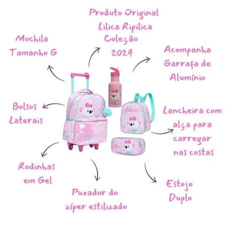 Imagem de Kit Escolar Original Lilica Ripilica - Mochila  Rodinhas + Lancheira + Estojo Duplo + Garrafinha