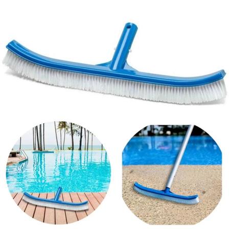 Imagem de Kit Escova Curva 45,7 Cm + Clorador Flutuante Roseta + 2 Pastilhas 3 em 1 para Piscina Fibra e Alvenaria