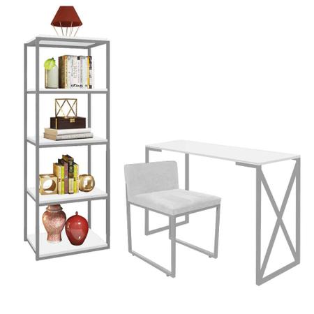 Imagem de Kit Escritório Bex 1 Cadeira Suede Branco com 1 Mesa e 1 Livreiro Ferro Cinza MDF Branco - Ahazzo Móveis