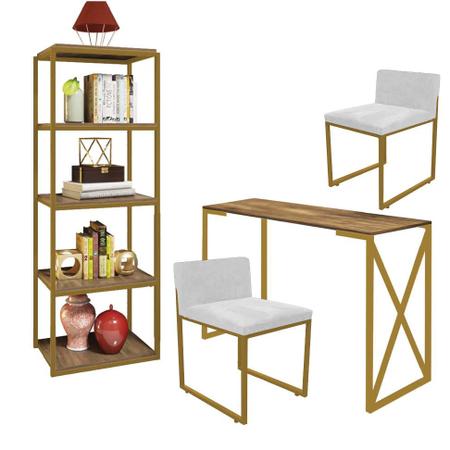 Imagem de Kit Escritório Bex 2 Cadeiras Suede Branco com 1 Mesa e 1 Livreiro Ferro Dourado MDF Castanho - Ahazzo Móveis