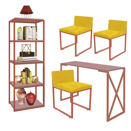 Imagem de Kit Escritório Bex 3 Cadeiras Suede Amarelo com 1 Mesa e 1 Livreiro Ferro Bronze MDF Rose Rosa - Ahazzo Móveis