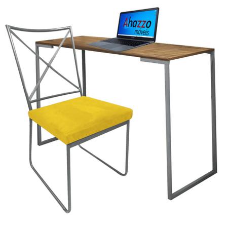 Imagem de Kit Escritório Clark Cadeira e Mesa Industrial Ferro Cinza Tampo MDF Caramelo Suede Amarelo - Ahz Móveis