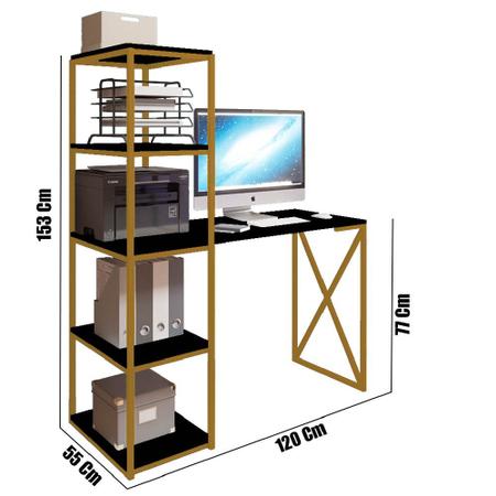 Imagem de Kit Escritório Mesa Max BeX 5 Prateleiras e Cadeira Stan Dourado Tampo Preto Suede Bordô - Ahazzo Móveis