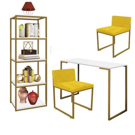 Imagem de Kit Escritório Ravi 2 Cadeiras Suede Amarelo com 1 Mesa e 1 Livreiro Ferro Dourado MDF Branco - Ahazzo Móveis