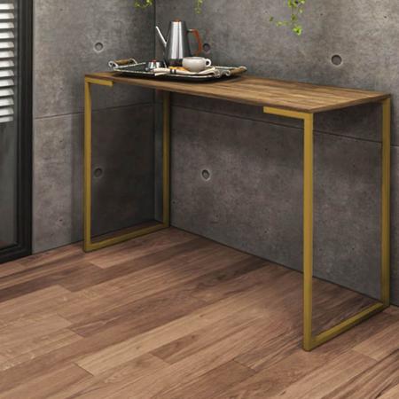 Imagem de Kit Escritório Ravi 2 Cadeiras Suede Azul Marinho com 1 Mesa e 1 Livreiro Ferro Dourado MDF Caramelo - Ahazzo Móveis