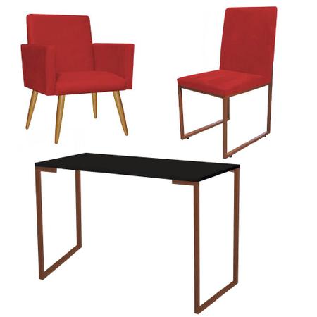 Imagem de Kit Escritório Stan Poltrona com Cadeira e Mesa Industrial Tampo Preto Bronze Suede Vermelho - Ahz Móveis