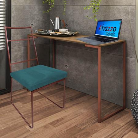 Imagem de Kit Escritório Stark Cadeira e Mesa Industrial Ferro Bronze Tampo MDF Caramelo Suede Azul Turquesa - Ahz Móveis