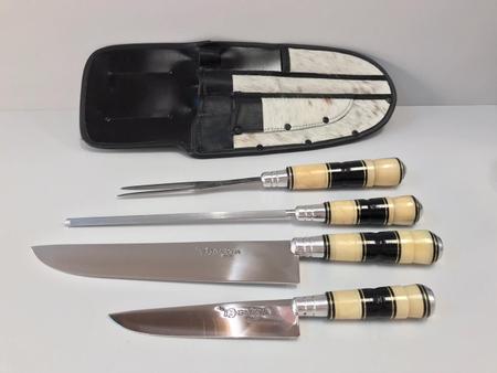 Imagem de Kit Estojo com faca 6 e faca 10, chaira e garfo para churrasco em aço inox e cabo de osso e chifre 50Q
