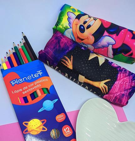 Imagem de Kit Estojo Escolar Creche Desenho Animado Disney Princesas  Ziper para Criança Menina + Caixa de Lapis de Cor 12 Cores