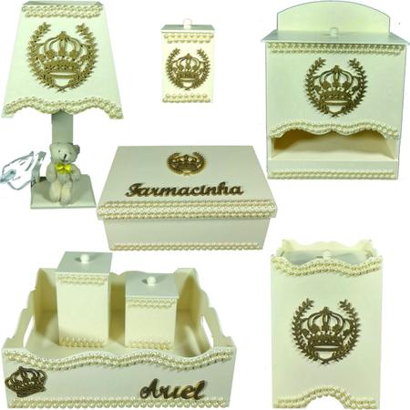 Kit farmacinha Higiene bebê Mdf 8 pçs - CREME COM PEROLAS DE COROA - Flores para Mariae Decor Imagem de Kit farmacinha Higiene bebê Mdf 8 pçs - CREME COM PEROLAS DE COROA