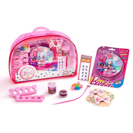 Imagem de Kit Fashion Infantil Maquiagem Esmalte Barbie Laços Acessórios de Cabelo Bolsa Rosa 1022 ED1 Brinquedos